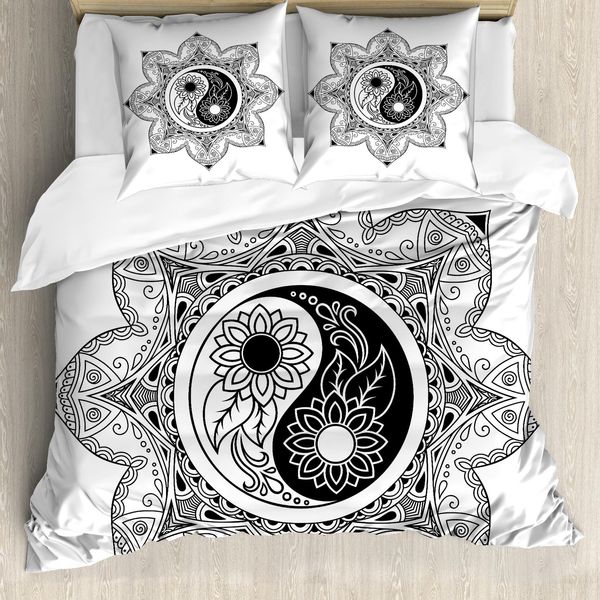 Abakuhaus Ying Yang Copripiumino, Motivo Boho Mandala, Antiacaro E Anallergico, Con Federe, 200 Cm X 200 Cm - 80 X 80 Cm, Bianco E Nero-image