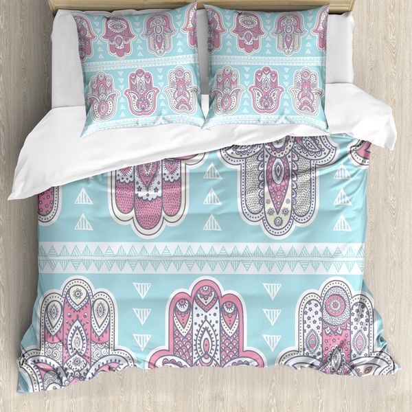 Abakuhaus Copripiumino Hamsa, Boho Arte Elaborata, Antiacaro Adatto A Chi Soffre Di Allergie Con Federe, 155 Cm X 220 Cm - 80 X 80 Cm, Blu Rosa-image