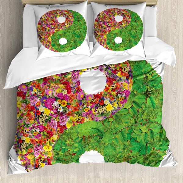 Abakuhaus Ying Yang Copripiumino, Foglie Floreali, Antiacaro, Adatto A Chi Soffre Di Allergie, Con Federe, 155 Cm X 220 Cm - 80 X 80 Cm, Multicolore-image