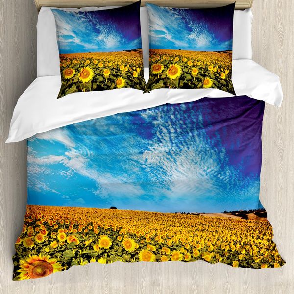 Abakuhaus Copripiumino Sunflower, Sunflower Garden Natur, Antiacaro, Adatto A Chi Soffre Di Allergie, Con Federe, 200 Cm X 200 Cm - 80 X 80 Cm, Giallo E Blu-image