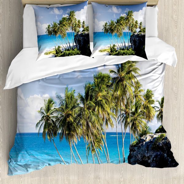 Abakuhaus Set Copripiumino Tropicale Per Letti Matrimoniali, Spiaggia Esotica, Antiacaro, Adatto A Chi Soffre Di Allergie, Con Federe, Crema Blu-image