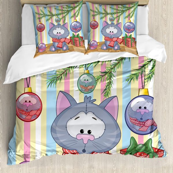 Abakuhaus Copripiumino Natalizio, Gattino Regalo E Albero, Antiacaro, Adatto A Chi Soffre Di Allergie, Con Federe, 200 Cm X 200 Cm - 80 X 80 Cm, Multicolore-image
