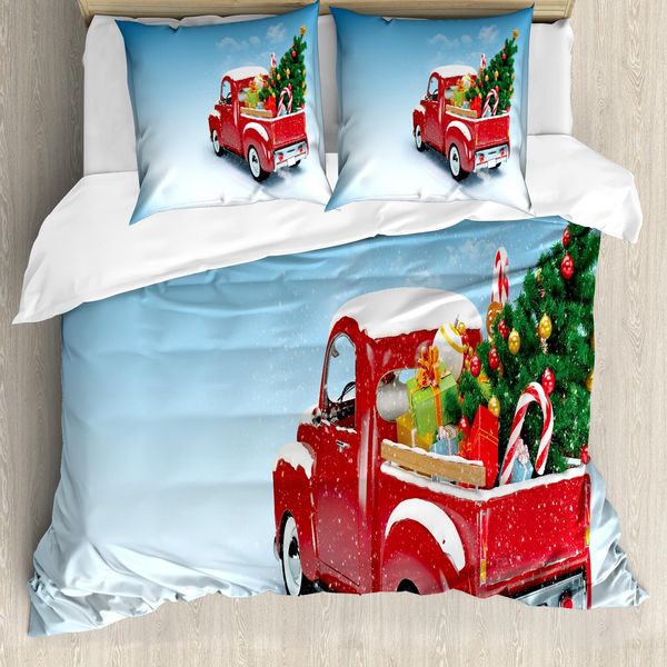 Abakuhaus Copripiumino Natalizio, Rosso-Camion Albero Di Natale, Antiacaro, Adatto A Chi Soffre Di Allergie, Con Federe, 200 Cm X 200 Cm - 80 X 80 Cm, Blu Rosso-image