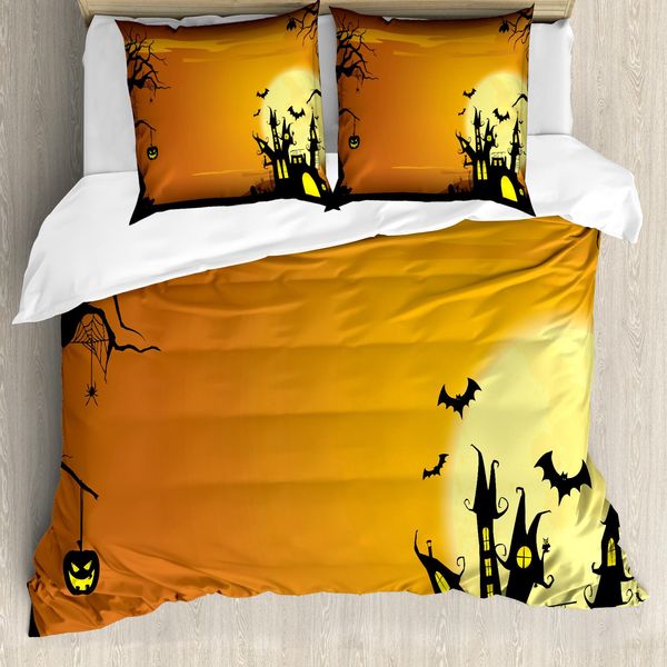 Abakuhaus Copripiumino Halloween, Casa Stregata, Antiacaro, Adatto A Chi Soffre Di Allergie, Con Federe, 155 Cm X 220 Cm - 80 X 80 Cm, Arancione E Nero-image