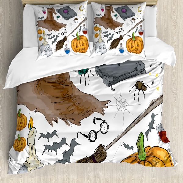 Copripiumino Abakuhaus Halloween, Zucca Con Teschi, Antiacaro, Adatto A Chi Soffre Di Allergie, Con Federe, 200 Cm X 200 Cm - 80 X 80 Cm, Multicolore-image