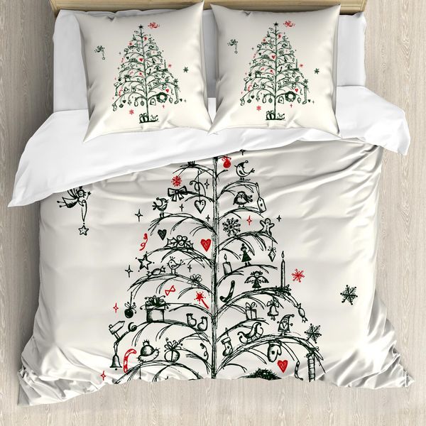 Abakuhaus Copripiumino Natalizio, Albero E Fate, Antiacaro, Adatto A Chi Soffre Di Allergie, Con Federe, 155 Cm X 220 Cm - 80 X 80 Cm, Rosso E Verde-image