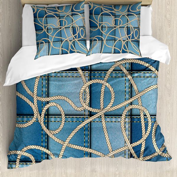Abakuhaus Copripiumino Nautico, Denim Patchwork Seil, Antiacaro Adatto A Chi Soffre Di Allergie Con Federe, 155 Cm X 220 Cm - 80 X 80 Cm, Blu-image