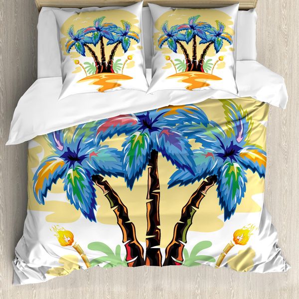 Abakuhaus Set Copripiumino Tropicale Per Letti Matrimoniali, Cartone Animato Tramonto, Antiacaro, Adatto A Chi Soffre Di Allergie, Con Federe, Bianco, Giallo Chiaro E Azzurro-image