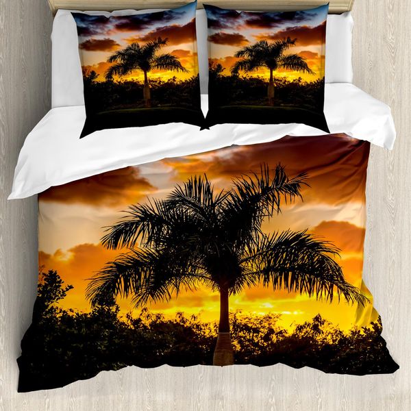 Abakuhaus Copripiumino Palma, Albero Esotico Al Tramonto, Antiacaro Adatto A Chi Soffre Di Allergie Con Federe, 200 Cm X 200 Cm - 80 X 80 Cm, Arancione Verde-image