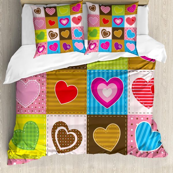 Abakuhaus Copripiumino Land, Patchwork Con Cuori, Antiacaro, Adatto A Chi Soffre Di Allergie, Con Federe, 155 Cm X 220 Cm - 80 X 80 Cm, Multicolore-image