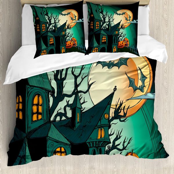 Abakuhaus Copripiumino Halloween, Castello Stregato Di Halloween, Antiacaro, Adatto A Chi Soffre Di Allergie, Con Federe, 200 Cm X 200 Cm - 80 X 80 Cm, Arancione Verde Acqua-image