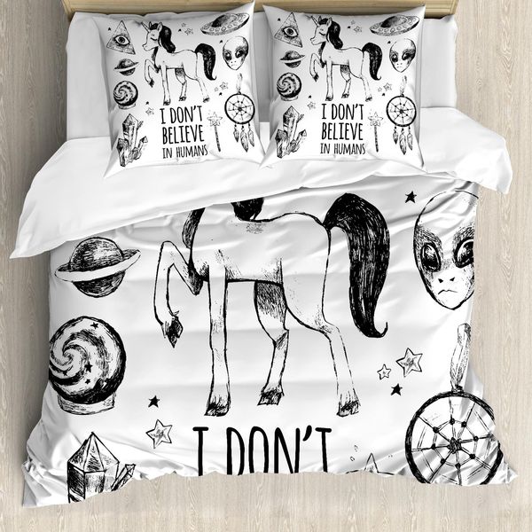 Abakuhaus Set Copripiumino Unicorno Per Letti Matrimoniali, Motivo Esseri Extraterrestri, Antiacaro, Adatto A Chi Soffre Di Allergie, Con Federe, Bianco Antracite Grigio-image