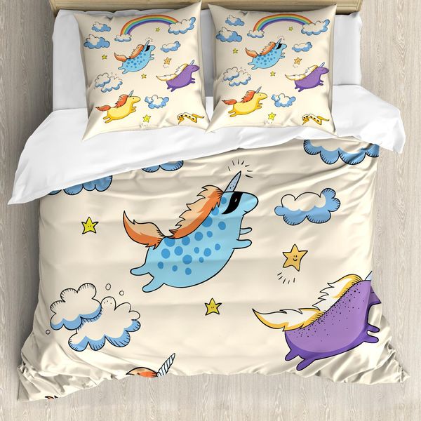 Abakuhaus Copripiumino Unicorno, Pastello Mosche Pony Arte, Antiacaro Adatto A Chi Soffre Di Allergie Con Federe, 155 Cm X 220 Cm - 80 X 80 Cm, Multicolore-image