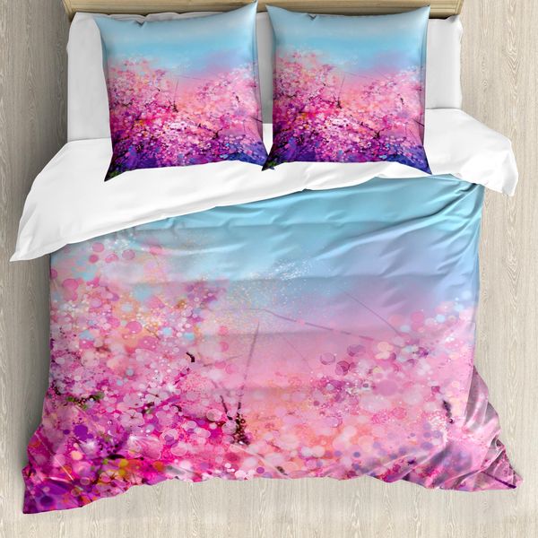 Abakuhaus Set Copripiumino Giapponese Per Letti Matrimoniali, Sakura In Fiore, Antiacaro, Adatto A Chi Soffre Di Allergie, Con Federe, Azzurro Lilla-image