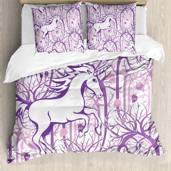 Abakuhaus Copripiumino Unicorno, Foresta Incantata, Antiacaro, Adatto A Chi Soffre Di Allergie, Con Federe, 200 Cm X 200 Cm - 80 X 80 Cm, Viola-image