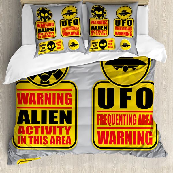 Abakuhaus Copripiumino Space, Avviso Pericolo Alieno, Antiacaro Adatto A Chi Soffre Di Allergie Con Federe, 200 Cm X 200 Cm - 80 X 80 Cm, Nero Giallo-image