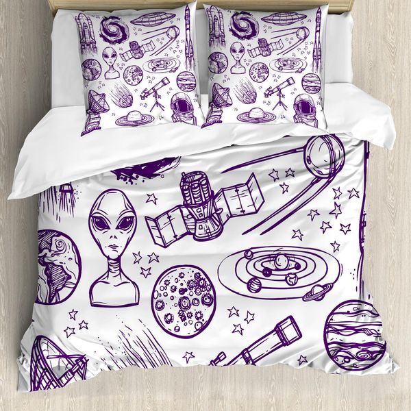 Abakuhaus Copripiumino Space, Disegno Alien Planet Art, Antiacaro, Adatto A Chi Soffre Di Allergie, Con Federe, 155 Cm X 220 Cm - 80 X 80 Cm, Viola Bianco-image