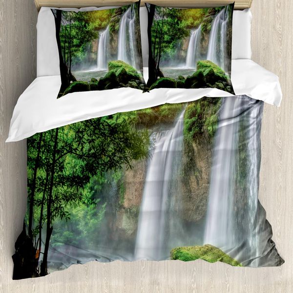 Abakuhaus Copripiumino Wasserfall, Wasserfall Natur Exotic, Antiacaro, Adatto A Chi Soffre Di Allergie, Con Federe, 155 Cm X 220 Cm - 80 X 80 Cm, Bianco Verde-image