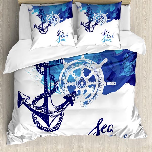Abakuhaus Copripiumino Nautico, Nautical Rad Ozean, Antiacaro, Adatto A Chi Soffre Di Allergie, Con Federe, 155 Cm X 220 Cm - 80 X 80 Cm, Blu E Bianco-image