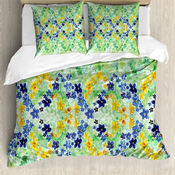 Abakuhaus Copripiumino Con Fiori Acquerellati, Fiori Da Giardino, Antiacaro, Adatto A Chi Soffre Di Allergie, Con Federe, 155 Cm X 220 Cm - 80 X 80 Cm, Verde Blu-image