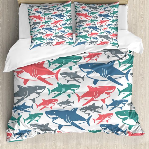 Abakuhaus Copripiumino Hai, Motivi Colorati Con Squali, Antiacaro, Adatto A Chi Soffre Di Allergie, Con Federe, 155 Cm X 220 Cm - 80 X 80 Cm, Multicolore-image
