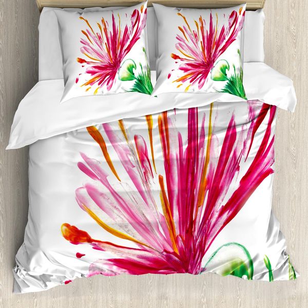 Abakuhaus Set Copripiumino Rosa Per Letti Matrimoniali, Petali Fioriti, Antiacaro, Adatto A Chi Soffre Di Allergie, Con Federe, Colore Fucsia Verde-image