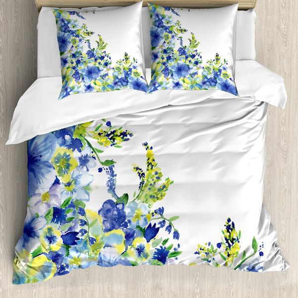 Abakuhaus Copripiumino Con Fiori Acquerellati, Foglie Verdi, Antiacaro, Adatto A Chi Soffre Di Allergie, Con Federe, 200 Cm X 200 Cm - 80 X 80 Cm, Blu Giallo-image