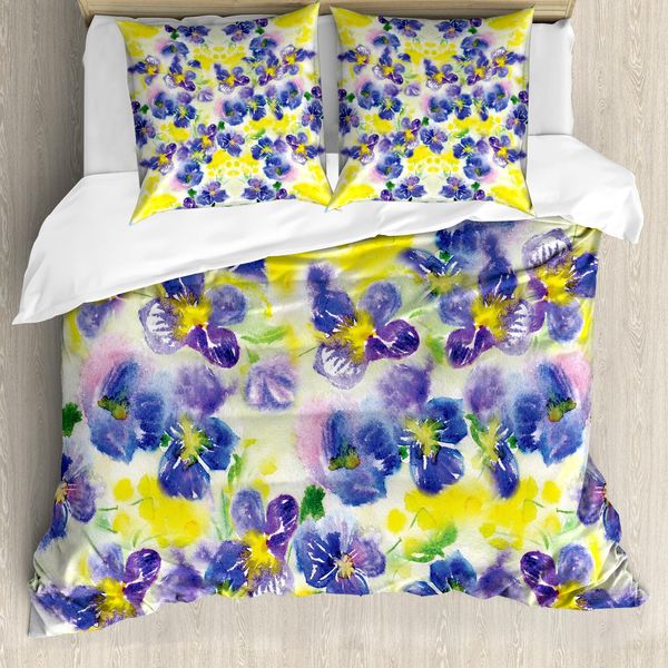 Abakuhaus Copripiumino Con Fiori Acquerellati, Campo Di Farfalle Viola, Antiacaro, Adatto A Chi Soffre Di Allergie, Con Federe, 155 Cm X 220 Cm - 80 X 80 Cm, Giallo Viola-image