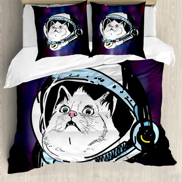 Abakuhaus Copripiumino Space, Kitten Astronaut Cosmic, Antiacaro, Adatto A Chi Soffre Di Allergie, Con Federe, 155 Cm X 220 Cm - 80 X 80 Cm, Viola Bianco-image