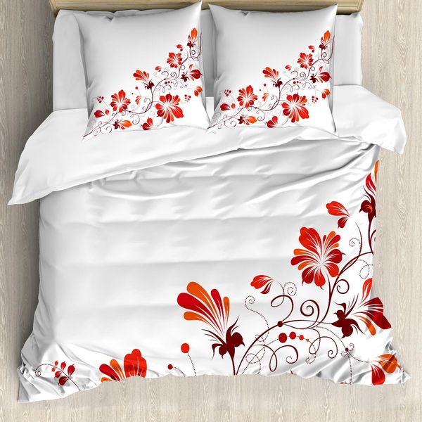 Abakuhaus Copripiumino Cinese, Motivi Floreali A Petali, Antiacaro E Anallergico, Con Federe, 200 Cm X 200 Cm - 80 X 80 Cm, Rosso E Bianco-image