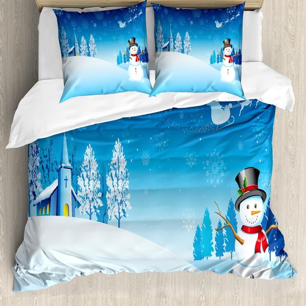 Abakuhaus Copripiumino Natalizio, Schneemann-Winter Stars, Antiacaro, Adatto A Chi Soffre Di Allergie, Con Federe, 200 Cm X 200 Cm - 80 X 80 Cm, Blu E Bianco-image