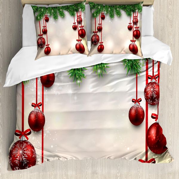 Abakuhaus Copripiumino Natalizio, Nastri Rossi, Antiacaro, Adatto A Chi Soffre Di Allergie, Con Federe, 155 Cm X 220 Cm - 80 X 80 Cm, Verde E Rosso-image