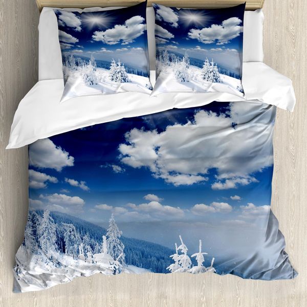 Abakuhaus Copripiumino Invernale, Alberi Innevati, Antiacaro, Adatto A Chi Soffre Di Allergie, Con Federe, 155 Cm X 220 Cm - 80 X 80 Cm, Blu E Bianco-image