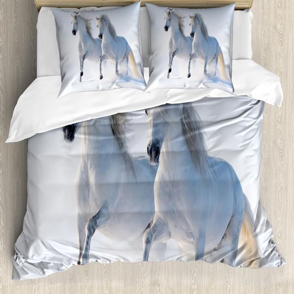 Abakuhaus Set Copripiumino Bianco Per Letti Matrimoniali, Motivo Cavallo Invernale, Antiacaro, Adatto A Chi Soffre Di Allergie, Con Federe, Bianco-image