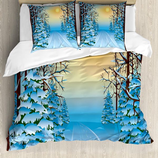 Abakuhaus Copripiumino Invernale, Paesaggio Cartoon, Antiacaro, Adatto A Chi Soffre Di Allergie, Con Federe, 155 Cm X 220 Cm - 80 X 80 Cm, Blu Giallo-image