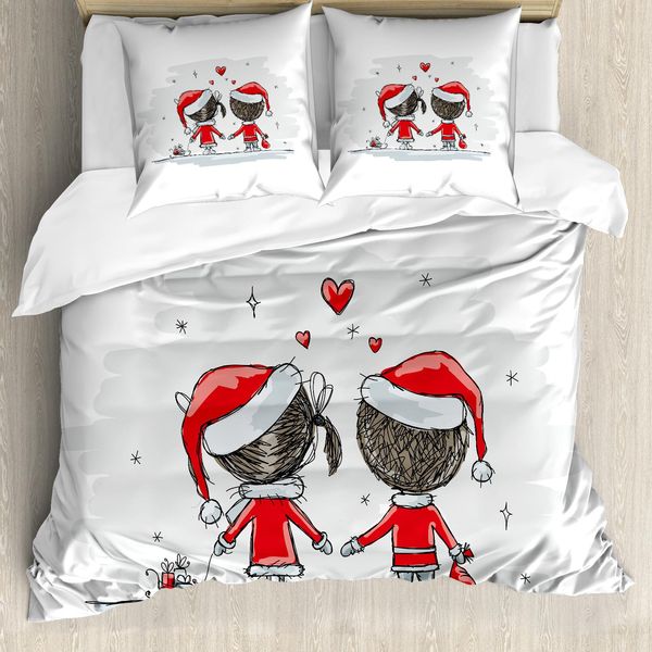 Abakuhaus Copripiumino Natalizio, Abiti Natalizi Per Bambini, Antiacaro E Anallergico Con Federe, 155 Cm X 220 Cm - 80 X 80 Cm, Rosso E Bianco-image