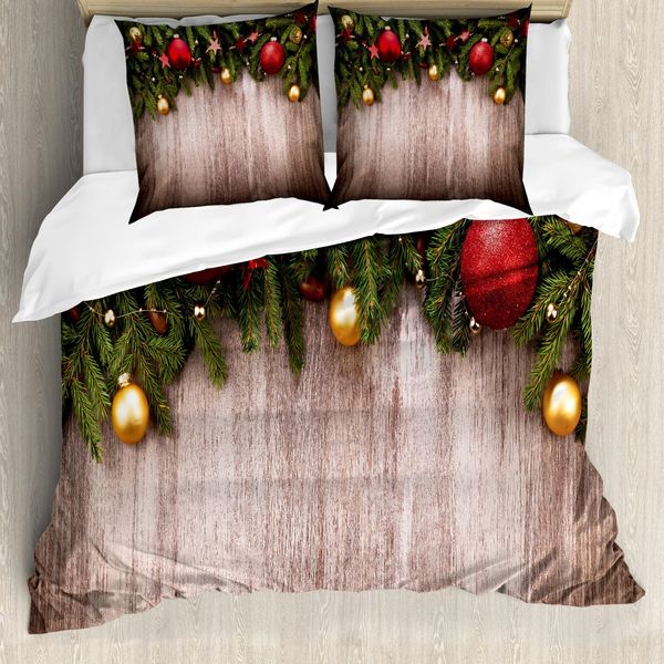 Abakuhaus Copripiumino Natalizio, Natale Rustico In Legno, Antiacaro, Adatto A Chi Soffre Di Allergie, Con Federe, 200 Cm X 200 Cm - 80 X 80 Cm, Marrone, Verde, Rosso-image