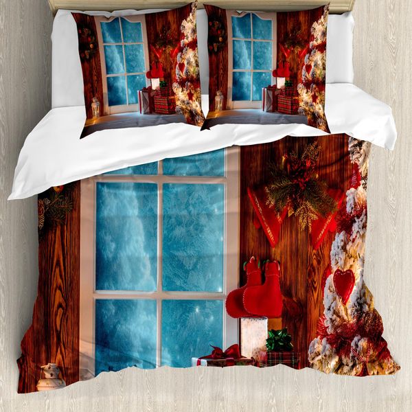 Abakuhaus Copripiumino Natalizio, Casa Innevata, Antiacaro, Adatto A Chi Soffre Di Allergie, Con Federe, 200 Cm X 200 Cm - 80 X 80 Cm, Rosso Blu-image