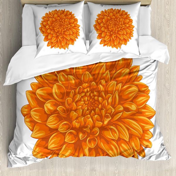 Abakuhaus Copripiumino Con Motivo A Fiori Di Dalia, Fiori Di Dalia, Antiacaro, Adatto A Chi Soffre Di Allergie, Con Federe, 155 Cm X 220 Cm - 80 X 80 Cm, Arancione-image