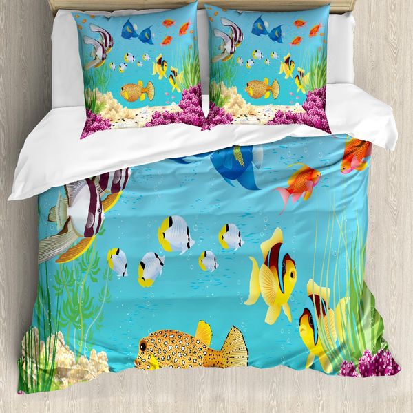 Abakuhaus Copripiumino Subacqueo, Tema Subacqueo Cartoon, Antiacaro, Adatto A Chi Soffre Di Allergie, Con Federe, 200 Cm X 200 Cm - 80 X 80 Cm, Multicolore-image