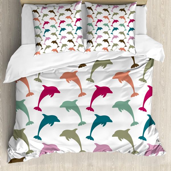 Abakuhaus Copripiumino Con Motivi Marini, Colorato Disegno Di Delfini, Antiacaro, Adatto A Chi Soffre Di Allergie, Con Federe, 155 Cm X 220 Cm - 80 X 80 Cm, Multicolore-image