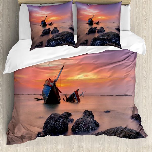 Abakuhaus Copripiumino Schiffswrack, Foggy Wasser Sonnenuntergang, Antiacaro, Adatto A Chi Soffre Di Allergie, Con Federe, 155 Cm X 220 Cm - 80 X 80 Cm, Arancione Grigio-image