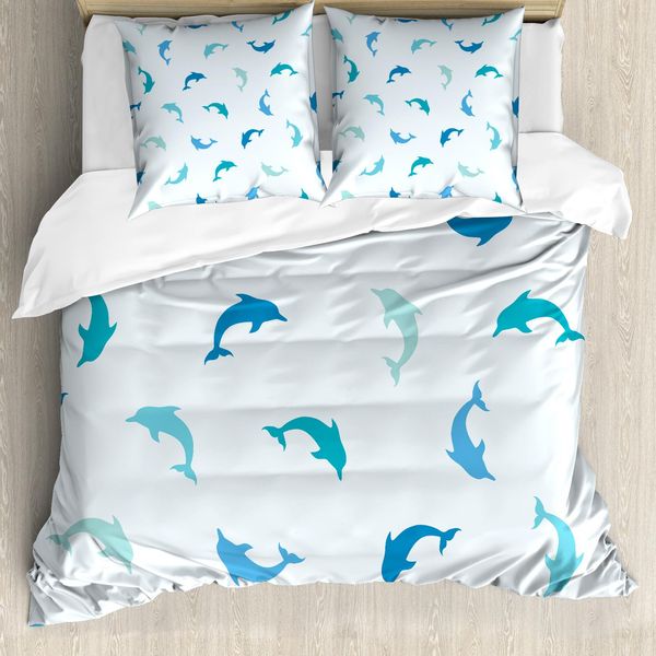 Abakuhaus Copripiumino Con Animali Marini, Mammiferi Saltatori, Antiacaro, Adatto A Chi Soffre Di Allergie, Con Federe, 200 Cm X 200 Cm - 80 X 80 Cm, Turchese-Blu-Blu Navy-image