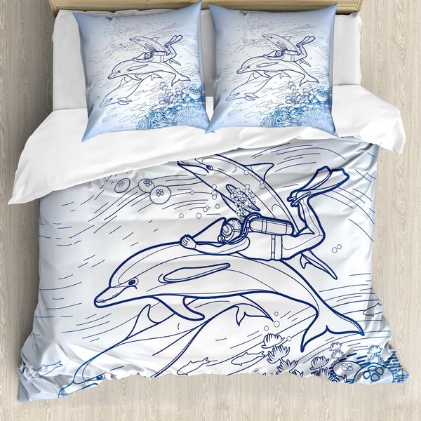 Abakuhaus Ocean Life Set Copripiumino Per Letti Matrimoniali, Sketch Taucher, Antiacaro, Adatto A Chi Soffre Di Allergie, Con Federe, Multicolore-image