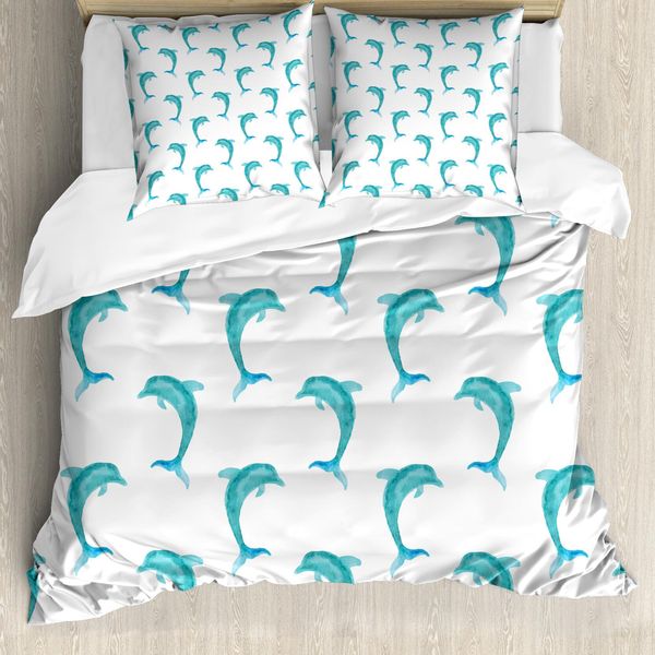 Abakuhaus Set Copripiumino Per Letti Matrimoniali, Figure Di Delfini Che Saltano, Antiacaro, Adatto A Chi Soffre Di Allergie, Con Federe, Bianco Acquamarina-image