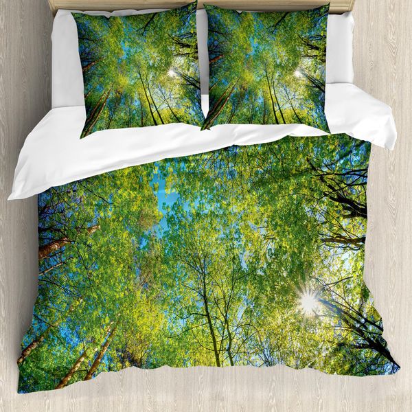 Abakuhaus Set Copripiumino Per Letti Matrimoniali, Sempreverde Area Naturale Cielo, Antiacaro Adatto A Chi Soffre Di Allergie Con Federe, Verde Felce Cielo Blu Scuro-image