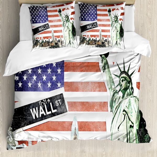 Abakuhaus Copripiumino Con Bandiera Americana, New York, Antiacaro, Adatto A Chi Soffre Di Allergie, Con Federe, 155 Cm X 220 Cm - 80 X 80 Cm, Multicolore-image