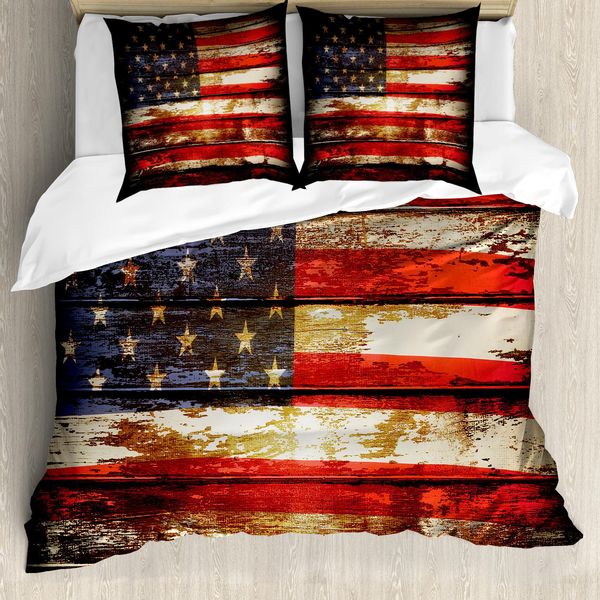 Abakuhaus Copripiumino Con Bandiera Americana, Legno Vintage, Antiacaro, Adatto A Chi Soffre Di Allergie, Con Federe, 200 Cm X 200 Cm - 80 X 80 Cm, Multicolore-image