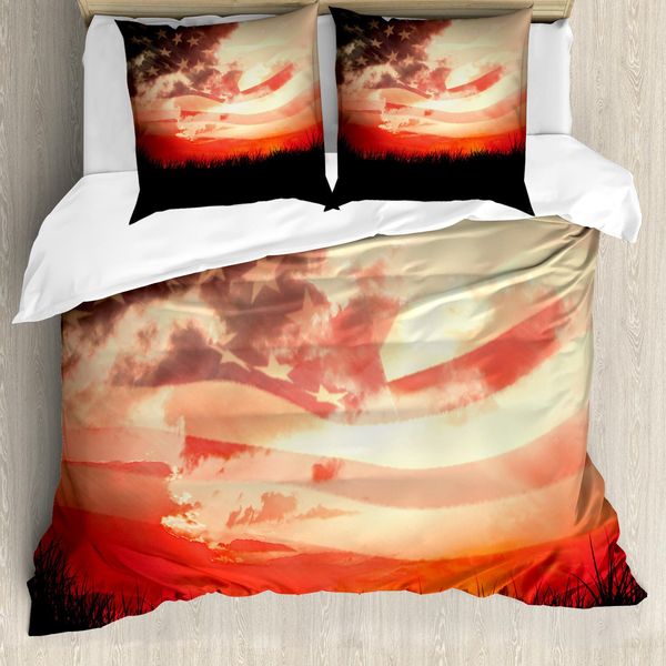 Abakuhaus Copripiumino Con Bandiera Americana, Tramonto, Antiacaro, Adatto A Chi Soffre Di Allergie, Con Federe, 155 Cm X 220 Cm - 80 X 80 Cm, Multicolore-image