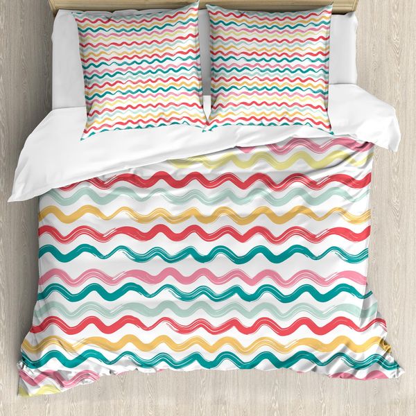 Abakuhaus Copripiumino A Righe, Boho Linee Ondulate Ruvido, Antiacaro Adatto A Chi Soffre Di Allergie Con Federe, 200 Cm X 200 Cm - 80 X 80 Cm, Multicolore-image